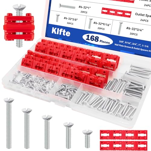 Klfte 168pcs White Wall Plate Screws & Outlet Spacers Kits, 3/8", 9/16", 3/4", 1", 1.2" Outlet Screws 6-32 and Receptacle Spacers for Switch Electrical Box - Image 1