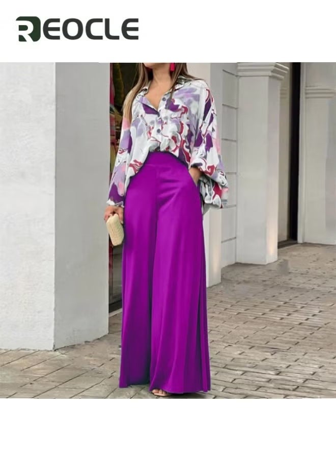 REOCLE Women's 2 Piece Outfits Long Sleeve Printed Button Down Shirt Loose Elastic Pant Summer Floral Print Long Sleeve  Outfits - Image 2