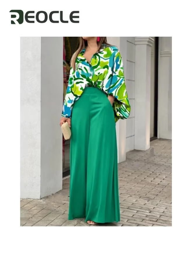 REOCLE Women's 2 Piece Outfits Long Sleeve Printed Button Down Shirt Loose Elastic Pant Summer Floral Print Long Sleeve  Outfits - Image 5