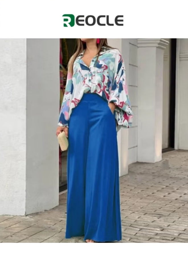 REOCLE Women's 2 Piece Outfits Long Sleeve Printed Button Down Shirt Loose Elastic Pant Summer Floral Print Long Sleeve  Outfits - Image 1