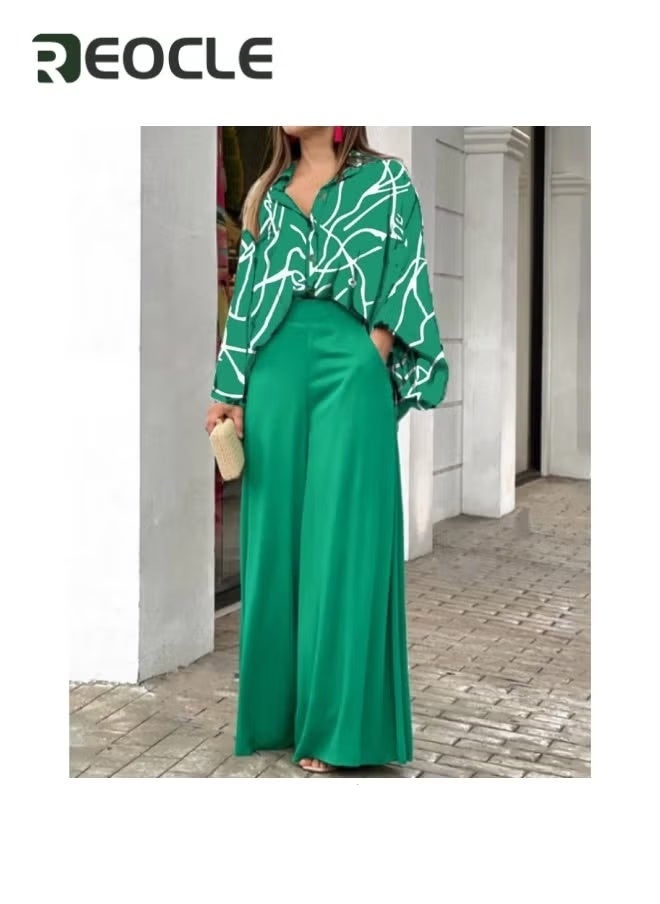 REOCLE Women's 2 Piece Outfits Long Sleeve Printed Button Down Shirt Loose Elastic Pant Summer Floral Print Long Sleeve  Outfits - Image 4