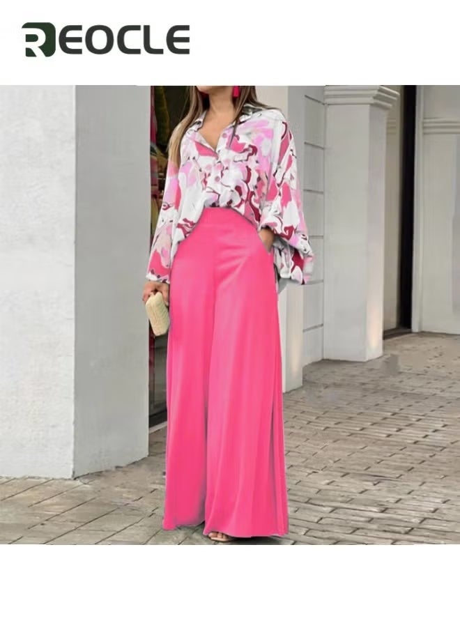 REOCLE Women's 2 Piece Outfits Long Sleeve Printed Button Down Shirt Loose Elastic Pant Summer Floral Print Long Sleeve  Outfits - Image 3