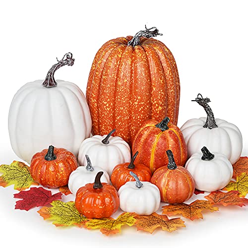 Lvydec Artificial Pumpkins Set Harvest Decoration, 12pcs Assorted Size Orange and White Pumpkins with 50pcs Maple Leaves for Halloween Thanksgiving Autumn Festive Party Supplies - Image 1