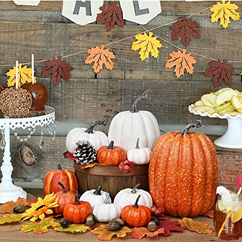 Lvydec Artificial Pumpkins Set Harvest Decoration, 12pcs Assorted Size Orange and White Pumpkins with 50pcs Maple Leaves for Halloween Thanksgiving Autumn Festive Party Supplies - Image 3