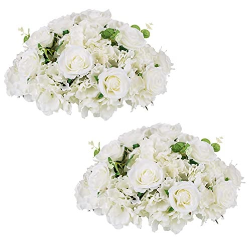 NUPTIO Flower Ball Arrangement Bouquet - 2 Pcs 15.7 inch Diameter White Fake Flowers Roses Balls for Centerpieces Tables - Artificial Rose Arrangements for Wedding Centerpiece Table Decorations - Image 1