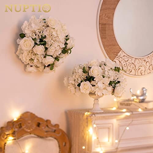 NUPTIO Flower Ball Arrangement Bouquet - 2 Pcs 15.7 inch Diameter White Fake Flowers Roses Balls for Centerpieces Tables - Artificial Rose Arrangements for Wedding Centerpiece Table Decorations - Image 4