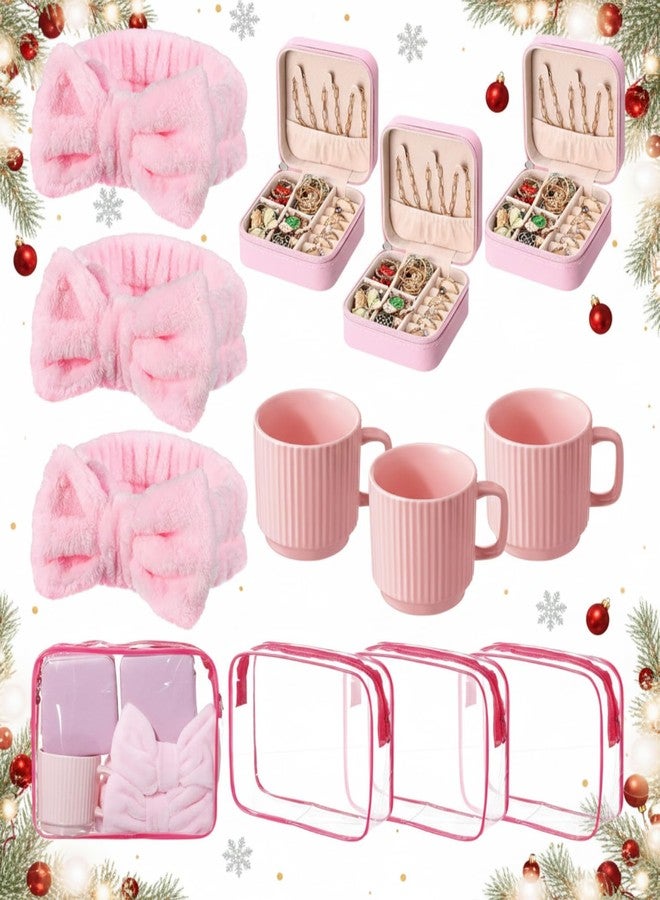 Suncalla 12 Pcs Pink Christmas Women Girls Gifts Set, Pink Ceramic Coffee Mug Bow Headbands Jewelry Storage Box Cosmetic Bags for Spa Slumber Sleepover Party Supplies Birthday Favors - Image 1