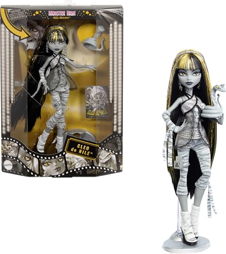 Monster High Reel Drama Doll, Cleo De Nile Black and White Reproduction Collectible with Doll-Size and Life-Size Posters, Horror Flick Theme, and Pet - Image 1