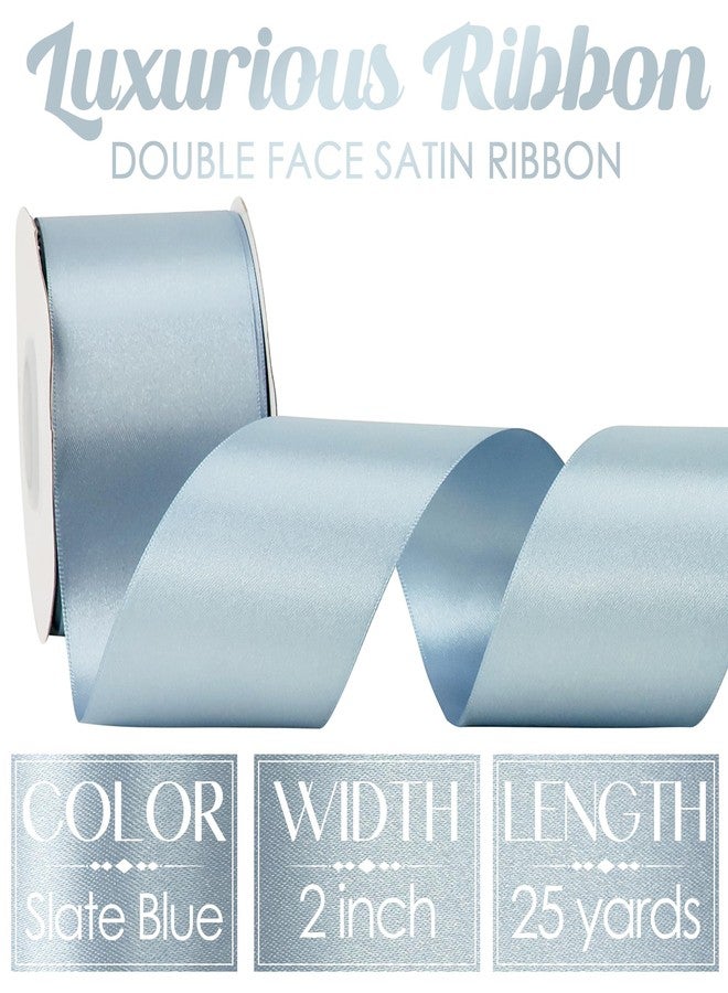 MEEDEE Slate Blue Satin Ribbon 2 inch Slate Blue Ribbon Double Faced Satin Ribbon Dusty Blue Satin Ribbon by 25 Yards Dusty Blue Ribbon for Christmas Tree, Satin Weddings, Flower Bouquet - Image 2