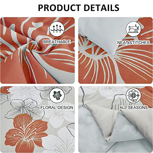 Luxudecor Floral Comforter Set Queen Size, Terracotta Floral Pattern Printed on Light Grey, Soft Microfiber 7 Pieces Bed in a Bag (1 Comforter, 2 Pillow Shams, 1 Flat Sheet, 1 Fitted Sheet, 2 Pillowcases) - Image 4