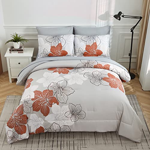 Luxudecor Floral Comforter Set Queen Size, Terracotta Floral Pattern Printed on Light Grey, Soft Microfiber 7 Pieces Bed in a Bag (1 Comforter, 2 Pillow Shams, 1 Flat Sheet, 1 Fitted Sheet, 2 Pillowcases) - Image 3