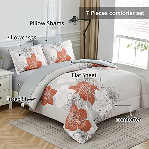 Luxudecor Floral Comforter Set Queen Size, Terracotta Floral Pattern Printed on Light Grey, Soft Microfiber 7 Pieces Bed in a Bag (1 Comforter, 2 Pillow Shams, 1 Flat Sheet, 1 Fitted Sheet, 2 Pillowcases) - Image 2