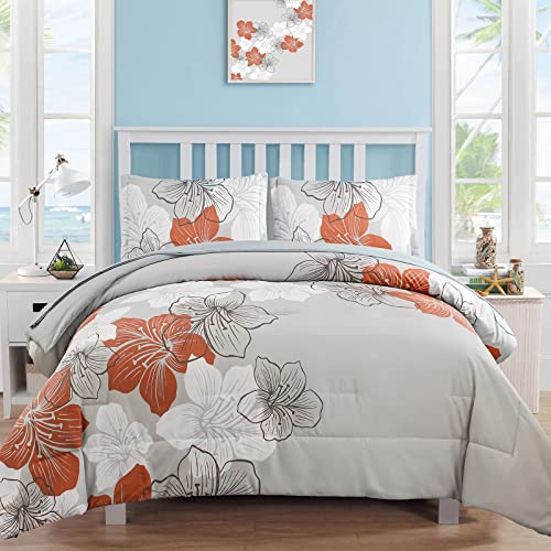 Luxudecor Floral Comforter Set Queen Size, Terracotta Floral Pattern Printed on Light Grey, Soft Microfiber 7 Pieces Bed in a Bag (1 Comforter, 2 Pillow Shams, 1 Flat Sheet, 1 Fitted Sheet, 2 Pillowcases) - Image 1