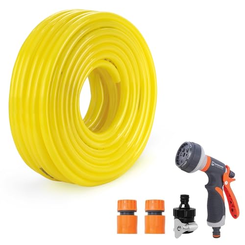 Garbnoire 10 Meter 0.5 Inch PVC Heavy Duty Garden Pipe| Hose with Quick Connector, Tap Adapter & 8 Pattern Water Spray Gun for Gardening, Cleaning Outdoor, Indoor Use- Yellow (10 Meter (32.8 Feet)) - Image 1