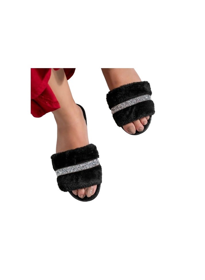 black fur slipper with crystals 36/37