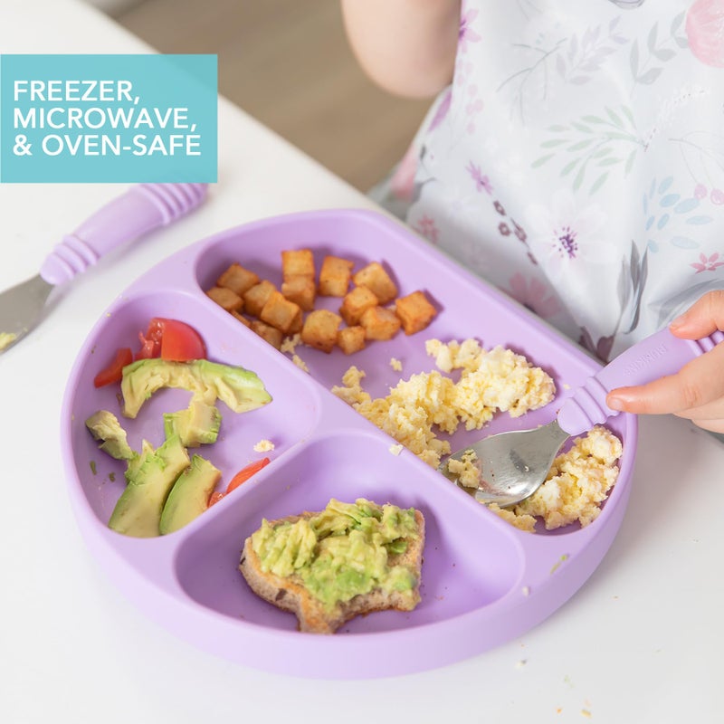 Bumkins Toddler and Baby Suction Plate, Silicone Divided Grip Dish, Babies and Kids, Baby Led Weaning, Children Feeding Supplies, Non Skid Sticky Bottom, Platinum Silicone, Ages 6 Months Up, Lavender - Image 4