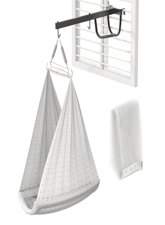 Cherilo Baby Swing Cradle(Jhula) with Mosquito Net, Spring Hanger & Metal Window Cradle Stand - White Abstract - Full Set - Image 1