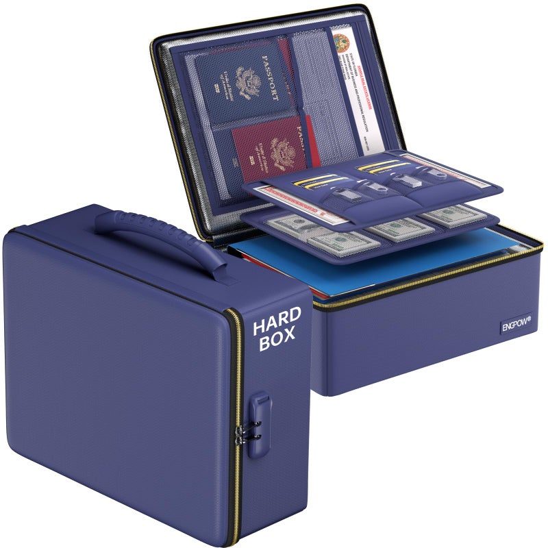 ENGPOW Fireproof Document Box, Hard Fireproof Box with Fireproof Zipperï¼†Lock, 6400Â°F Heat Insulated Fireproof Water Resistant File Organizer Storage Box Safe for Important Documents,Valuable,Blue - Image 1