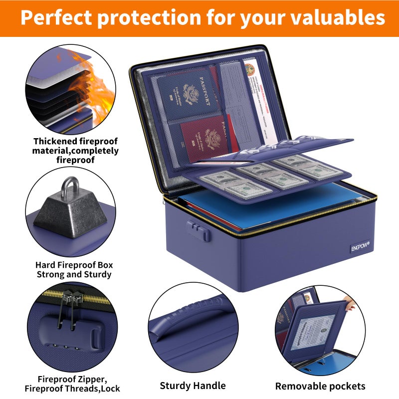 ENGPOW Fireproof Document Box, Hard Fireproof Box with Fireproof Zipperï¼†Lock, 6400Â°F Heat Insulated Fireproof Water Resistant File Organizer Storage Box Safe for Important Documents,Valuable,Blue - Image 4