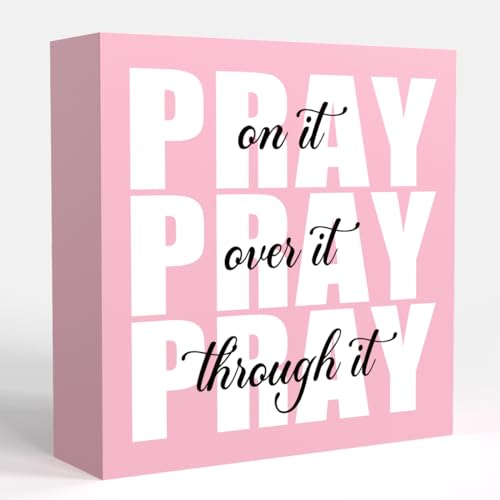 Krollma Pink Office Desk Accessories Decor Sign, Pink Dorm Room Decor for Women, Bathroom Decoration, Inspirational Christian Gifts for Women Boss, Pray on it Wooden Sign Bible Verse Wall Art Decoration - Image 1