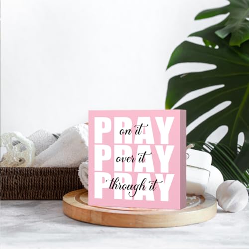 Krollma Pink Office Desk Accessories Decor Sign, Pink Dorm Room Decor for Women, Bathroom Decoration, Inspirational Christian Gifts for Women Boss, Pray on it Wooden Sign Bible Verse Wall Art Decoration - Image 5