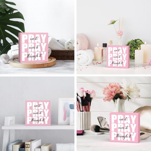 Krollma Pink Office Desk Accessories Decor Sign, Pink Dorm Room Decor for Women, Bathroom Decoration, Inspirational Christian Gifts for Women Boss, Pray on it Wooden Sign Bible Verse Wall Art Decoration - Image 4