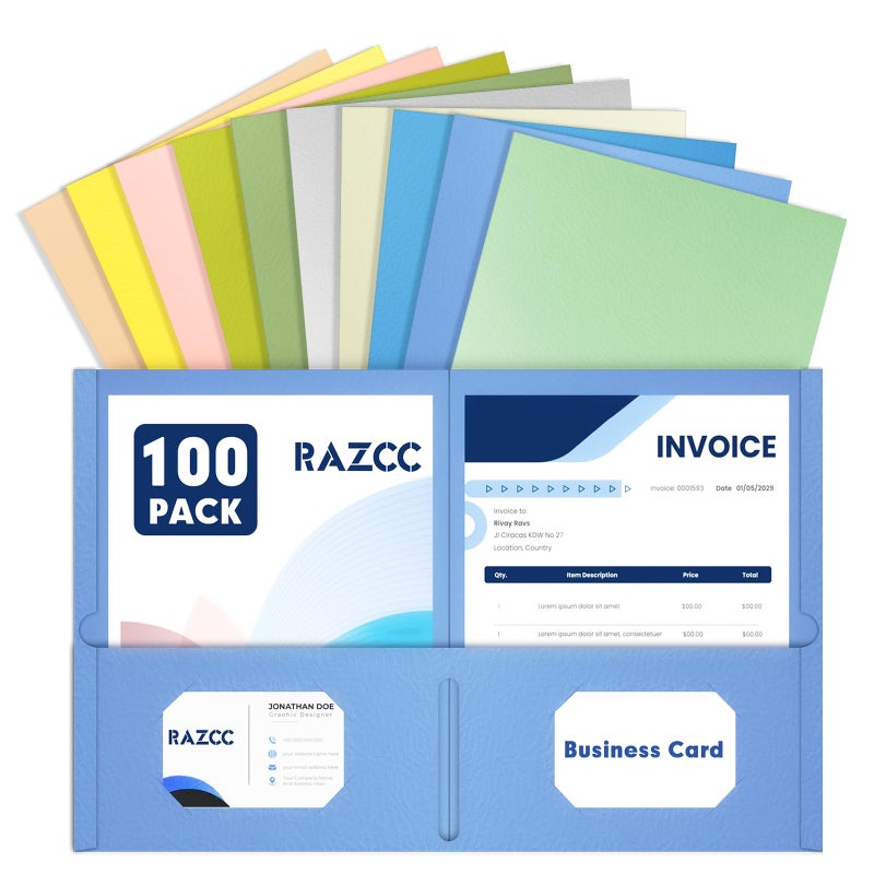 RAZCC Two Pocket Folders, RAZCC 100 Pack File Folders with Pockets Fit Letter Size Paper, Thick Paper File Folder for School Office Business Home, Assorted 10 Colors - Image 1