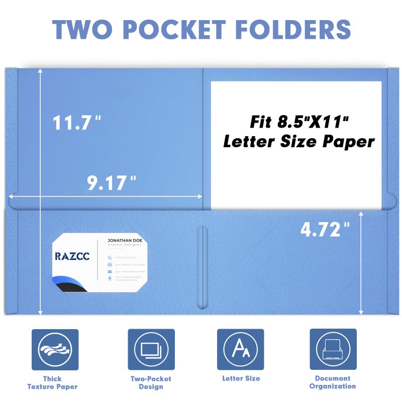 RAZCC Two Pocket Folders, RAZCC 100 Pack File Folders with Pockets Fit Letter Size Paper, Thick Paper File Folder for School Office Business Home, Assorted 10 Colors - Image 2