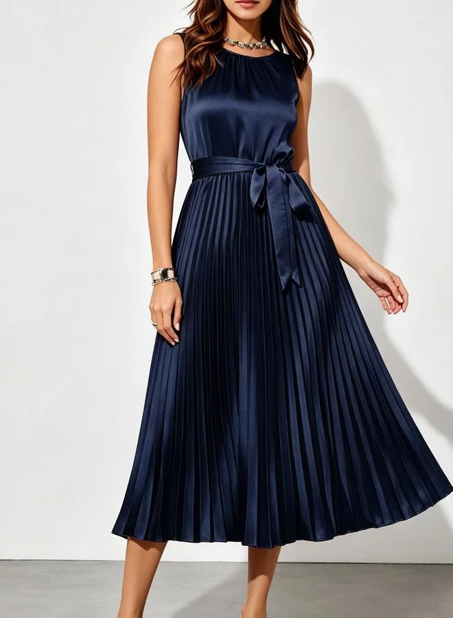 تايك تو Navy Blue Satin Pleated Midi Dress with Tie-Belt