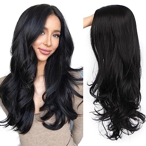 Assu Black Long Curly Synthetic Full Head Wig for Women Natural Korean Style Hair Wig for Woman Heat-Resistant Hair Wigs for Women for Daily/Party/Chemo Use 24 Inches Soft & Voluminous (Black) - Image 1