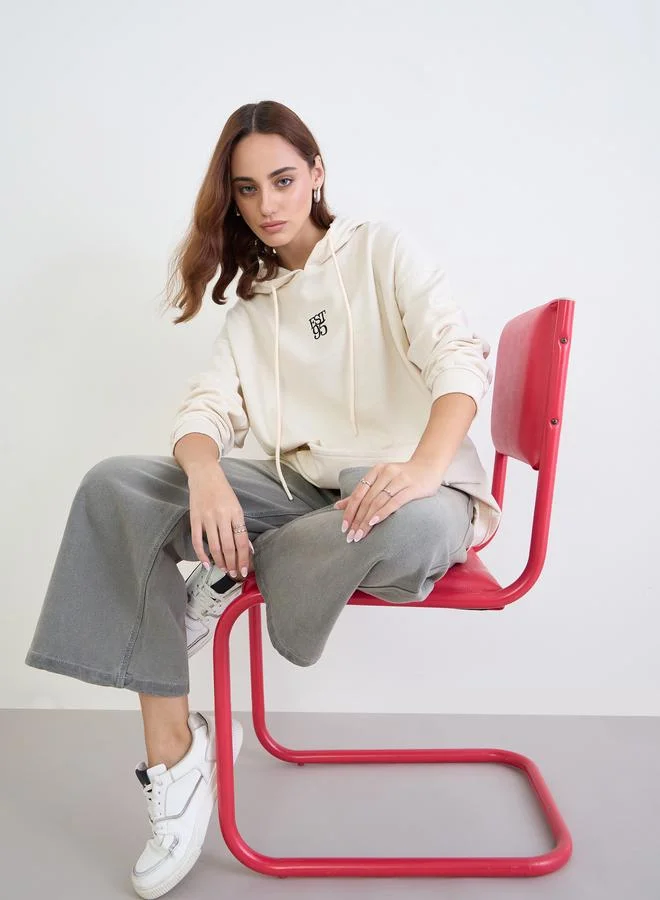 Styli Cream Embroidered Oversized Hoodie