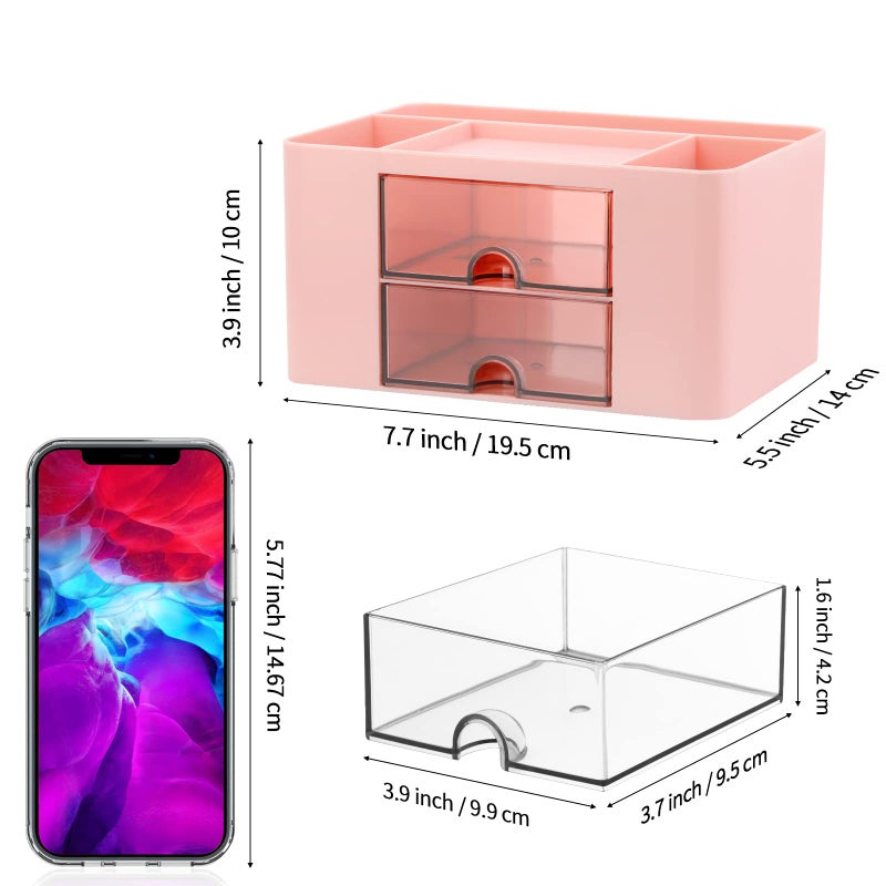 LETURE Desk Organizer with 2 Drawer, Plastic Desktop Pen Pencil Card Holder Storage Box for Desk, Office Supplies, Vanity Table Office School Home (Pink) - Image 2
