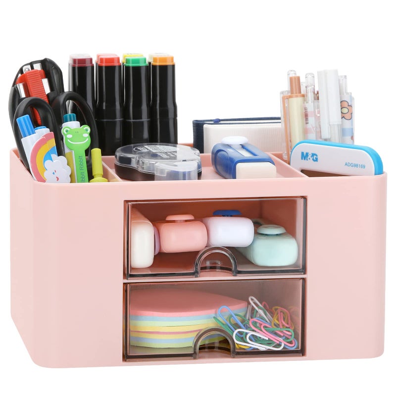 LETURE Desk Organizer with 2 Drawer, Plastic Desktop Pen Pencil Card Holder Storage Box for Desk, Office Supplies, Vanity Table Office School Home (Pink) - Image 1
