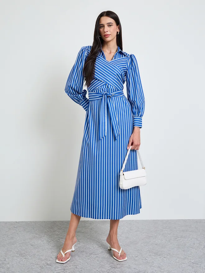 Styli Styli Blue Striped Cross-Band Shirt Midi Dress
