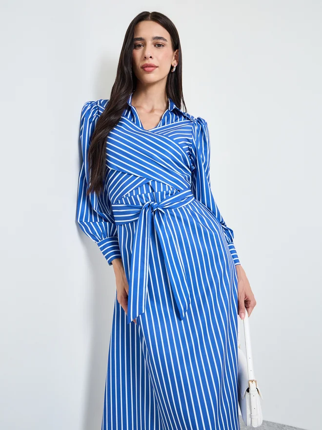 Styli Styli Blue Striped Cross-Band Shirt Midi Dress