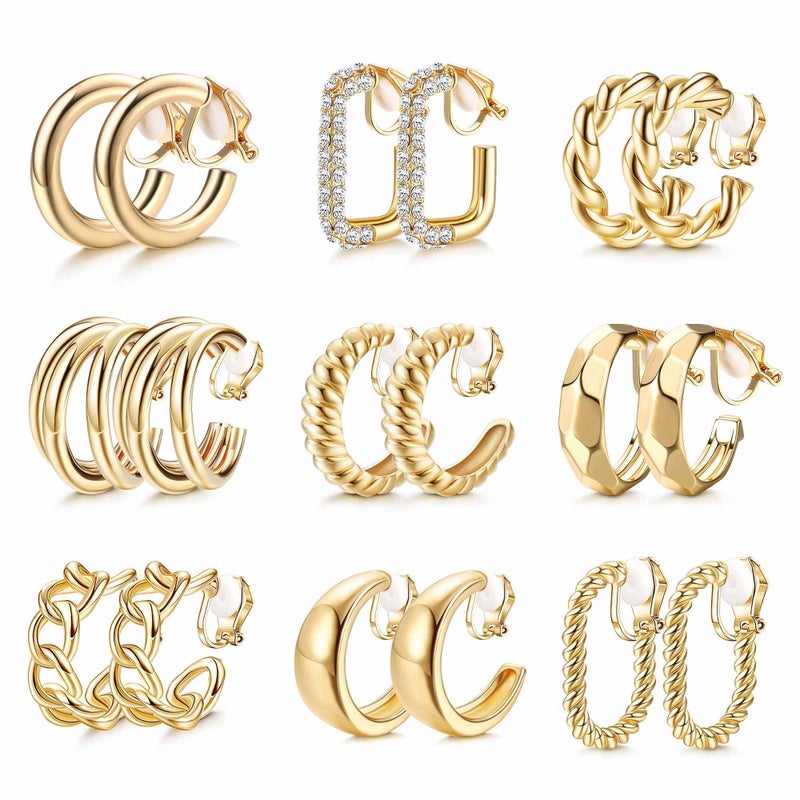 THUNARAZ 9 Pairs Clip on Earrings for Women 14K Gold Plated Chunky Hoop Clips Earring Trendy Clip on Hoop Earrings for Women Non-Pierced Fake Jewelry - Image 1