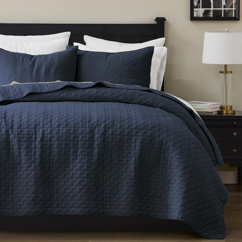 palassio Navy Blue 100% Cotton Quilt Twin Size Bedding Sets with 1 Pillow Sham, Textured Lightweight Soft Bedspread Shabby Chic Coverlet, Quilted Comforter Bed Cover for All Season, 2 Pieces - Image 1