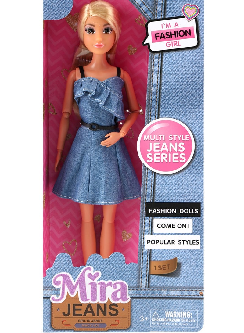 Mira Mira Fashion Denim Dress Doll – 11.5” Stylish Doll in Trendy Blue Jean Dress with Chic Accessories & Long Wavy Hair – Perfect for Fashion Play! - Image 1