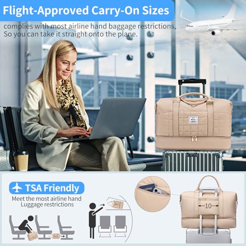 Stuery Puffer Weekender Bags for Women: Large Overnight Bags Travel Duffel Bag Carry On Shoulder Weekend Tote with Shoe & Laptop Compartment & Toiletry Bags for Airplane Traveling Gym, Khaki - Image 4