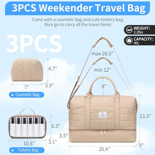 Stuery Puffer Weekender Bags for Women: Large Overnight Bags Travel Duffel Bag Carry On Shoulder Weekend Tote with Shoe & Laptop Compartment & Toiletry Bags for Airplane Traveling Gym, Khaki - Image 2