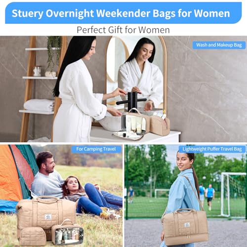 Stuery Puffer Weekender Bags for Women: Large Overnight Bags Travel Duffel Bag Carry On Shoulder Weekend Tote with Shoe & Laptop Compartment & Toiletry Bags for Airplane Traveling Gym, Khaki - Image 5