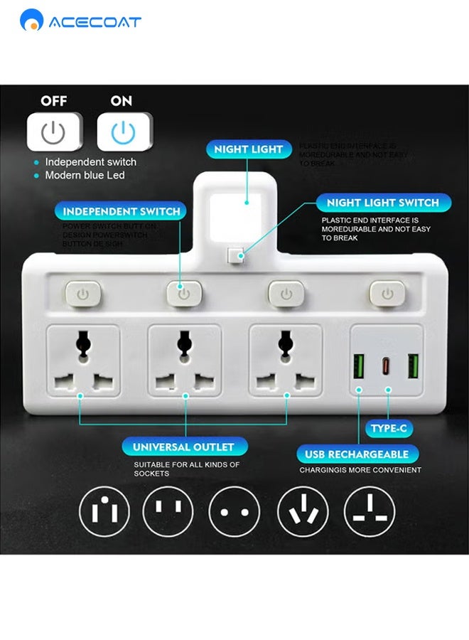 ACECOAT Multi Plug Extension Socket with Night Light 3-Way Wall Power Adapter Electrical Outlet Extender 2 USB 1 Type-C Universal Plug Adapter for Home Office Kitchen Use - Image 3