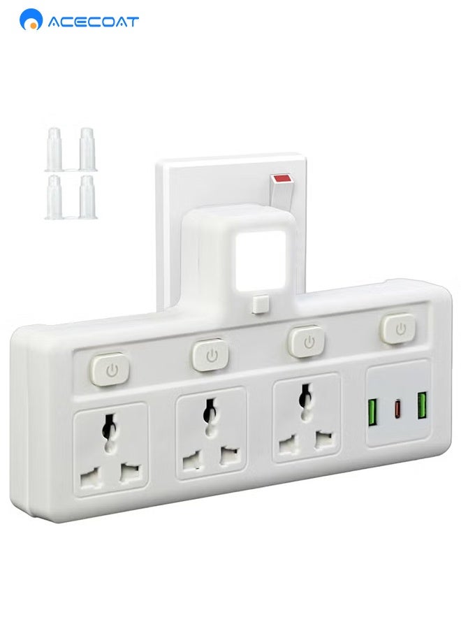 ACECOAT Multi Plug Extension Socket with Night Light 3-Way Wall Power Adapter Electrical Outlet Extender 2 USB 1 Type-C Universal Plug Adapter for Home Office Kitchen Use - Image 1