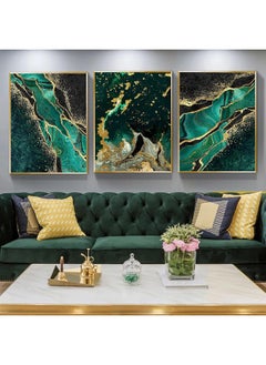 Green Gold Marble Canvas Wall Art Abstract Marble Texture Green Black and Gold Picture Glitter Fluid Modern Abstract Dark Green Gold Foil Lines Marble Canvas Art Living Room Decor 16x24in x 3pcs No Frame
