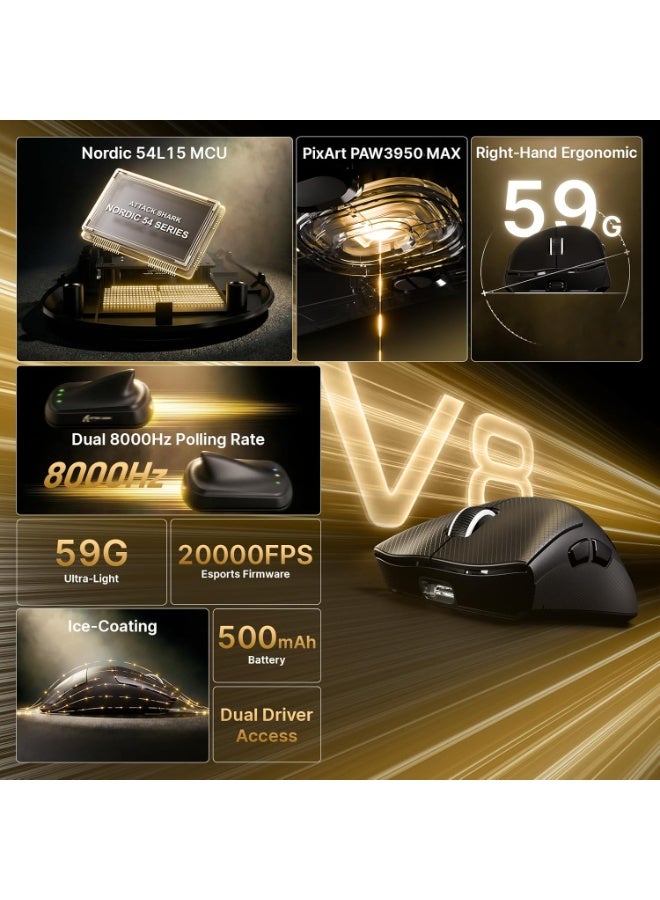 Attack Shark V8 Ultra-Light Wireless Ergonomic Gaming Mouse – Dual 8KHz Polling PAW3950MAX Sensor, 42,000 DPI, Bluetooth 5.2, 2.4GHz & USB-C Wired, 59g (Black) - Image 5