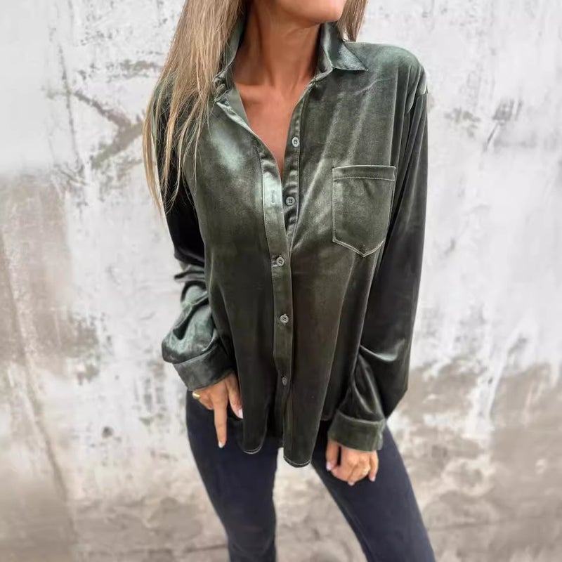 New Gold Velvet Shirt Independent Station Sleeve Single-Breasted Easiest For Match Top Loose Bottoming Shirt Women - Image 3