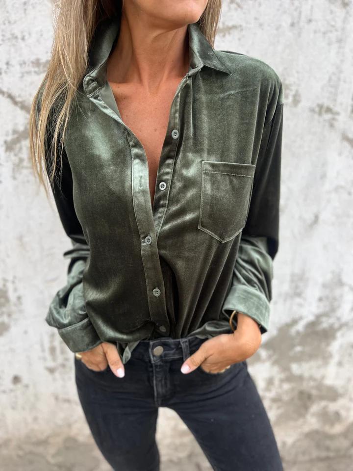 New Gold Velvet Shirt Independent Station Sleeve Single-Breasted Easiest For Match Top Loose Bottoming Shirt Women - Image 1