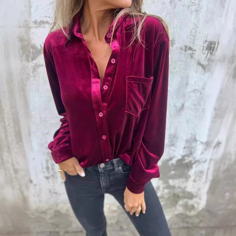 New Gold Velvet Shirt Independent Station Sleeve Single-Breasted Easiest For Match Top Loose Bottoming Shirt Women - Image 4