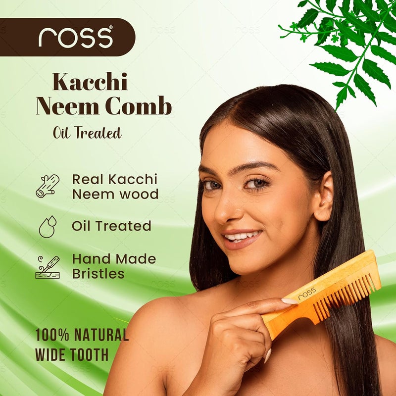 Ross Oil Treated Kacchi Neem Comb,Treated With Neem Oil,Bhringraj & 15+ Herbs,Hair Growth,Anti Hairfall,Dandruff Control|Hair Straightening,Frizz Control Wooden Comb For Men,Women|(Wide Tooth) - Image 2