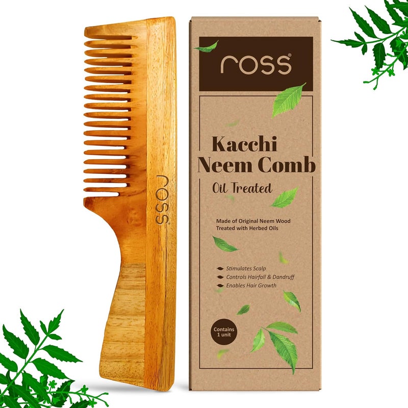 Ross Oil Treated Kacchi Neem Comb,Treated With Neem Oil,Bhringraj & 15+ Herbs,Hair Growth,Anti Hairfall,Dandruff Control|Hair Straightening,Frizz Control Wooden Comb For Men,Women|(Wide Tooth) - Image 1